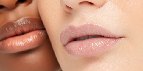 Close-up of Two Women's Lips with Different Skin Tones and Lip Gloss Shades