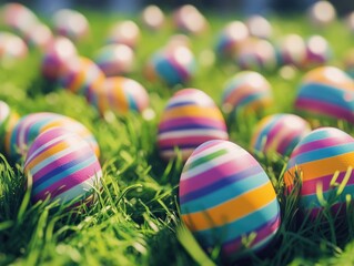 A bunch of colorful eggs are scattered across a green field. The eggs are striped and come in a variety of colors, including pink, blue, and yellow. Concept of joy and playfulness