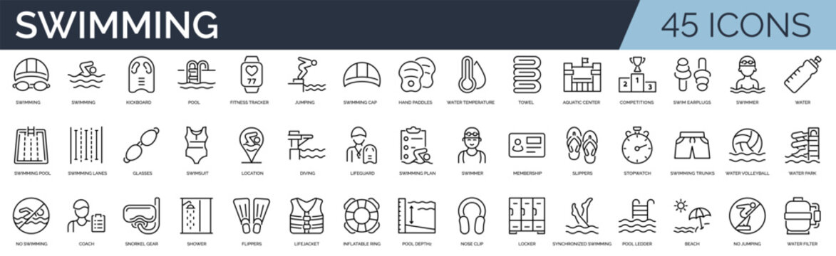Set of 45 outline icons related to swimming.  Linear icon collection. Editable stroke. Vector illustration	
