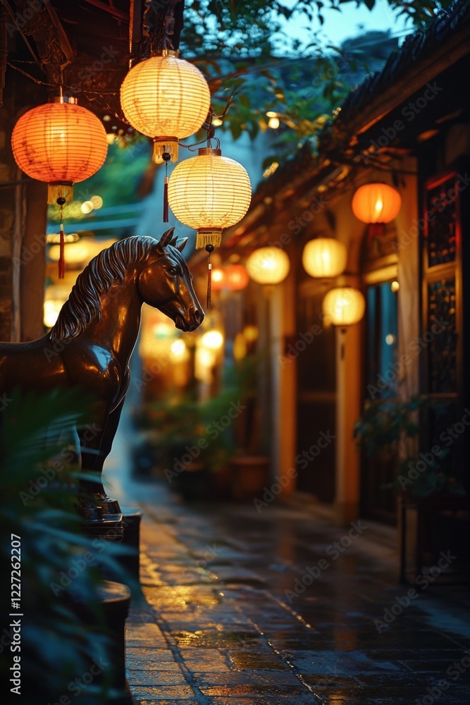 Poster a horse statue is in front of a building with lanterns hanging from the ceiling. the lanterns are or
