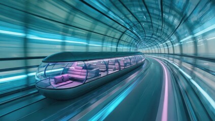 Fototapeta premium Futuristic, high speed subway train racing through a tunnel, creating dynamic motion with light trails and blurred backgrounds, highlighting advancements in transportation technology