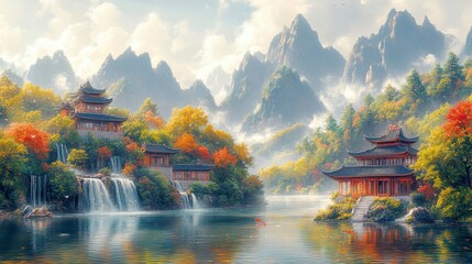 Autumnal mountain lake temples, scenic view