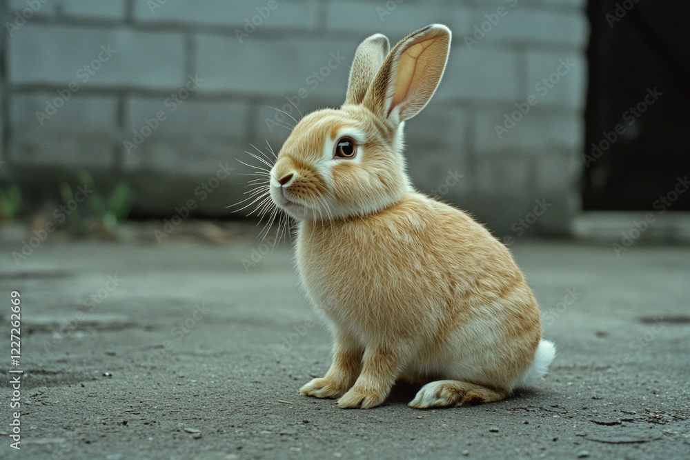 Poster a small brown rabbit is sitting on the ground. the rabbit is looking up at the camera