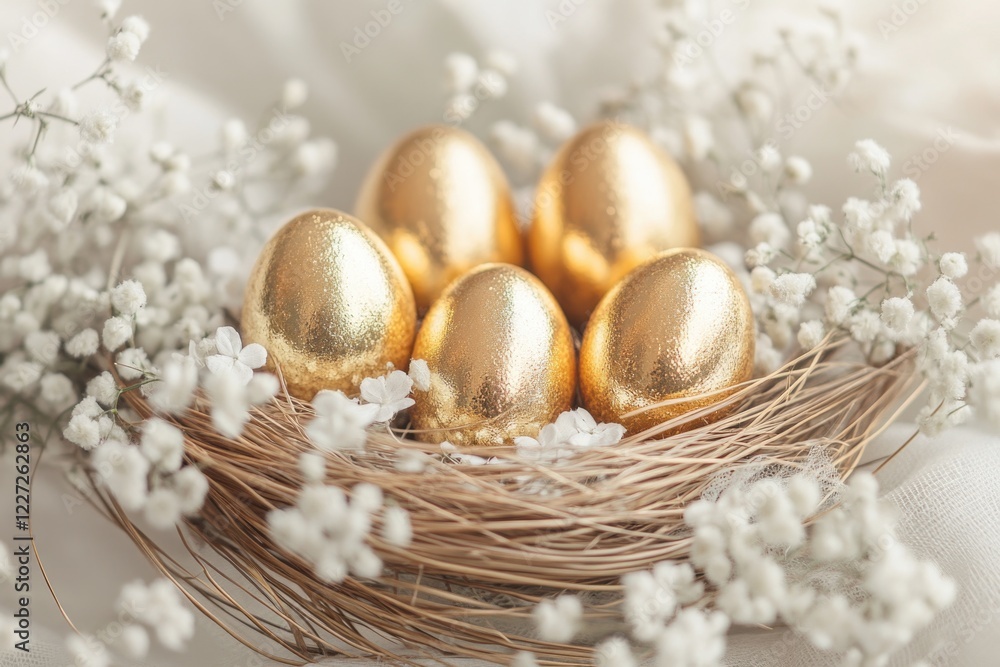 Poster a nest of gold eggs sits on a white background. the eggs are arranged in a row, with some overlappin