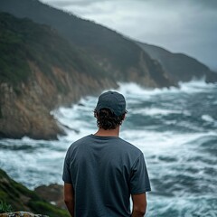 A pensive man wearing a cap and t-shirt stands overlooking the turbulent waves along the rugged coast of asturias, spain, capturing the essence of a reflective roadtrip moment