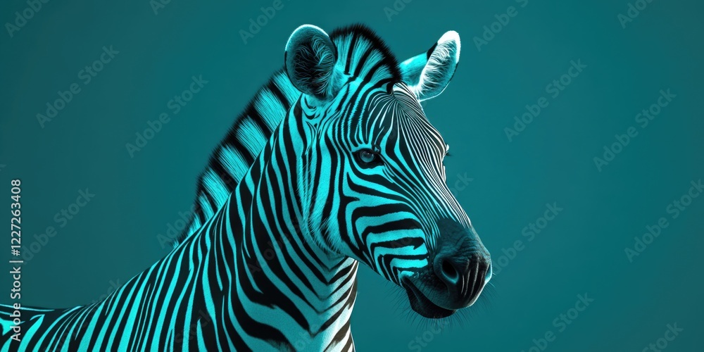 Poster a zebra is standing in front of a blue background. the zebra is the main focus of the image, and the