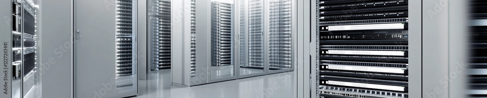 Poster modern data center with servers and organized storage units