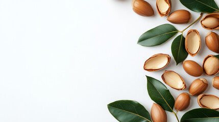 Argan Nuts and Leaves for Hydrating and Vegan Skincare Products. Cosmetics photo, beauty industry advertising photo.
