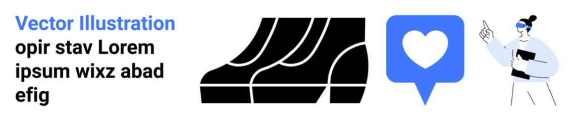 Obraz premium Stylized staircase alongside a heart in a speech bubble and a woman presenting ideas. Ideal for growth, communication, success, business, teamwork, marketing, and presentations in flat landing page