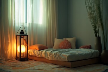 Fototapeta premium A small bedroom with a bed, a lamp, and a vase. The lamp is lit, creating a warm and cozy atmosphere