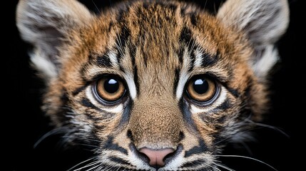 Cute jaguarundi kitten close-up, dark background, wildlife portrait, nature photography
