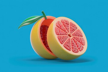 A vibrant, stylized 3D rendering of a halved grapefruit, showcasing its juicy segments against a bright blue background.