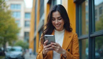 Attractive Latin business woman text messaging through mobile phone against colored, business building background