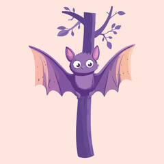 Cute cartoon bats with big eyes hanging on tree vector illustration 