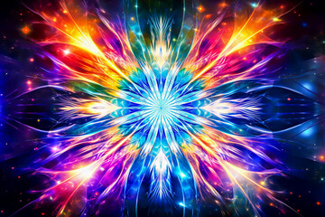 Rainbow background. Vivid colorful fractal patterns radiating symmetrically outward, evoking intensity, creativity and vibrant energy. Perfect for artistic or abstract-themed designs and projects