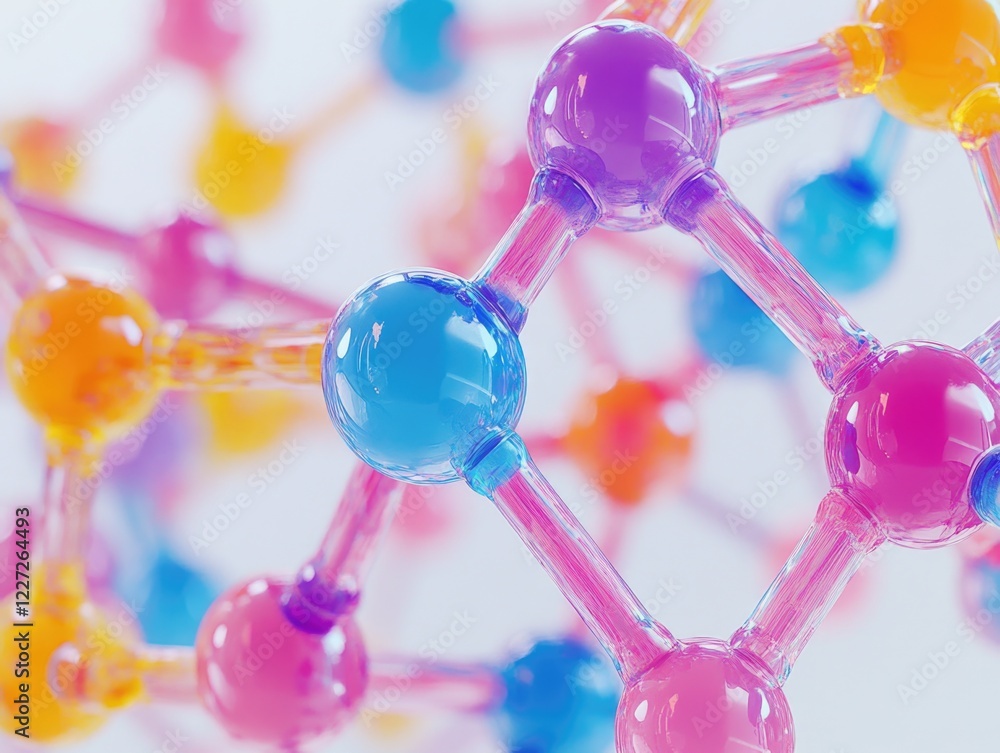 Poster a colorful molecular structure made of glass beads. the beads are in different colors and are arrang