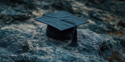 Black Graduation Cap on Rock