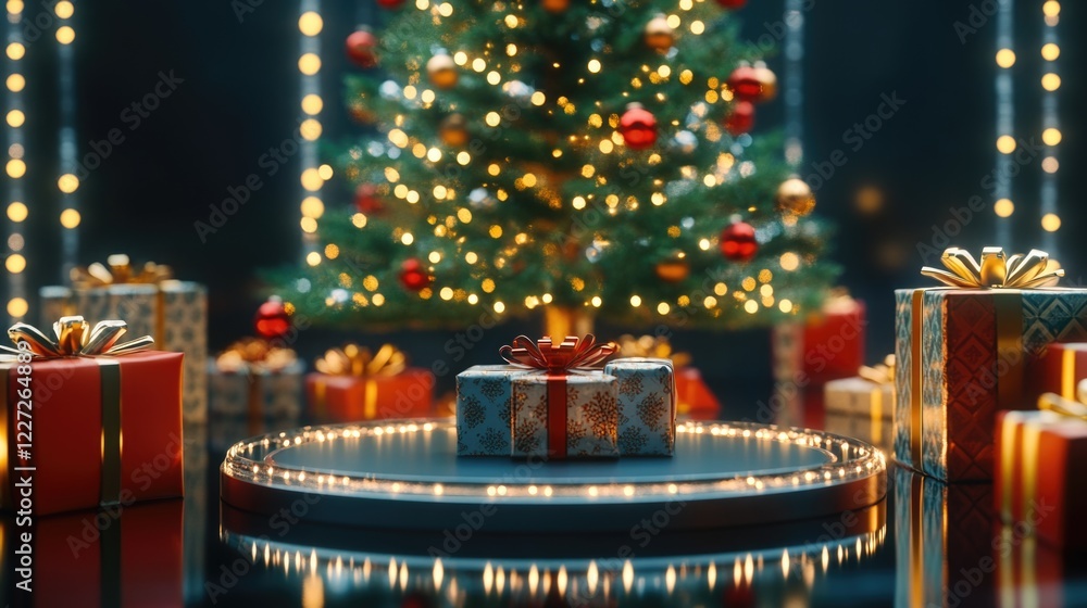 Poster a christmas tree with a large box on top of it. the box is decorated with a bow