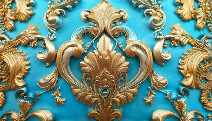 青色と金色のダマスク柄の壁紙背景素材。AIで生成