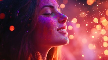 Fototapeta premium A woman with colorful face paint is smiling. The image has a bright and cheerful mood. The woman's face is the main focus of the image, and the colorful face paint adds a fun