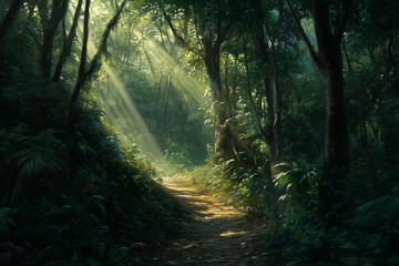 Obraz premium Woodland Climb: A Narrow Trail Leading Up Through Dense Forest Foliage