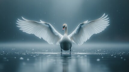 Obraz premium Majestic swan with wings outstretched on misty water.