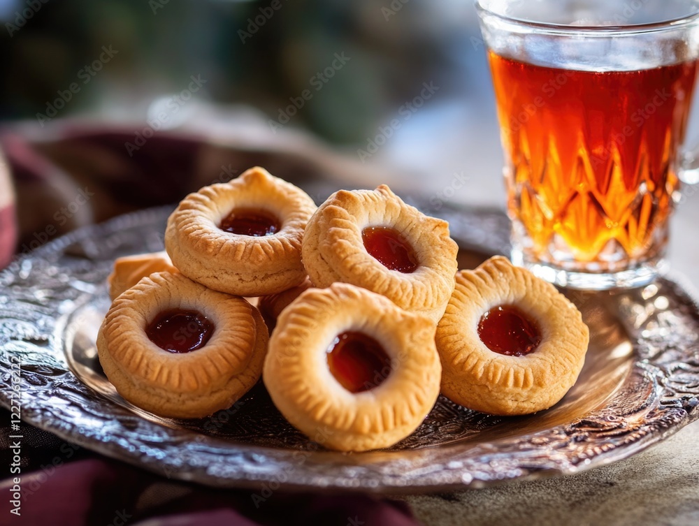 Poster a plate of cookies with a glass of tea on the side. the cookies are arranged in a neat row and the t