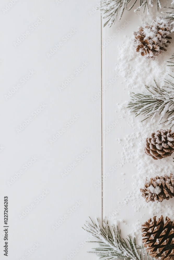 Poster A close-up view features a textured arrangement of wooden planks gently covered with snow. Pinecones and evergreen branches add a natural winter element to the composition