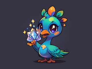 Adorable Cartoon Bird Holding a Gemstone