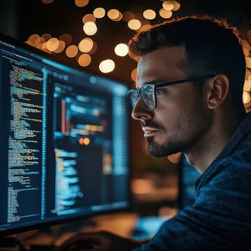 A man is sitting in front of a computer monitor, wearing glasses