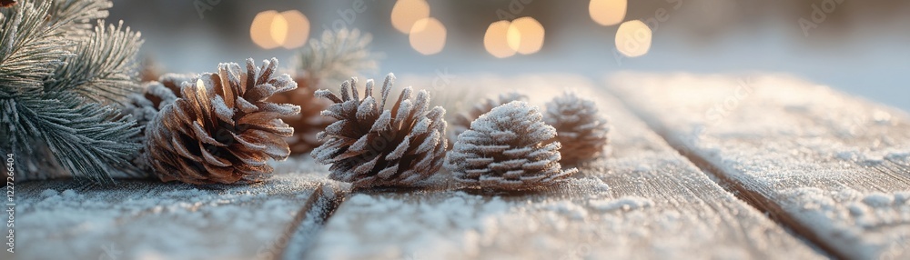 Poster a close view of wooden planks layered with frost and scattered pinecones, creating a cozy winter atm