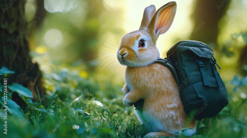 Poster a rabbit is standing in a field with a backpack on its back. the rabbit is looking at the camera, an