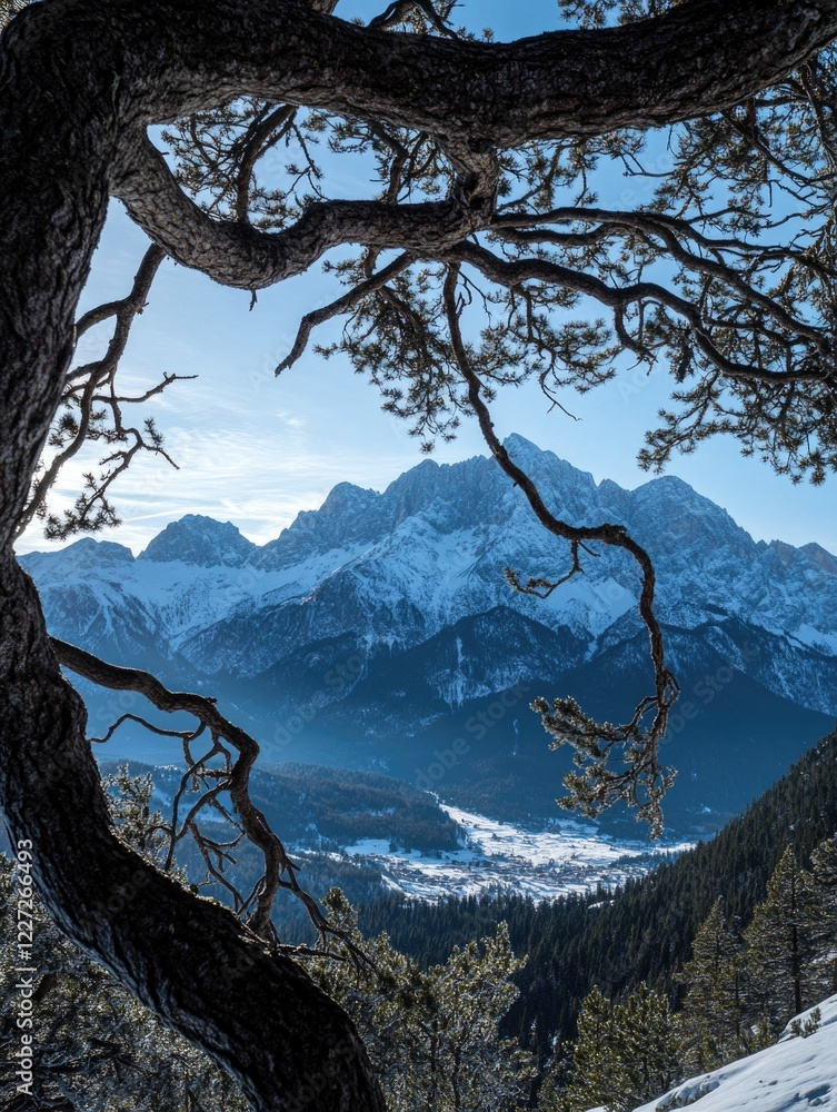 Poster a tree branch is shown in the foreground of a mountain range. the branch is the only thing visible i