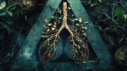 Human lungs are made with tree branches and leaves on a triangular background