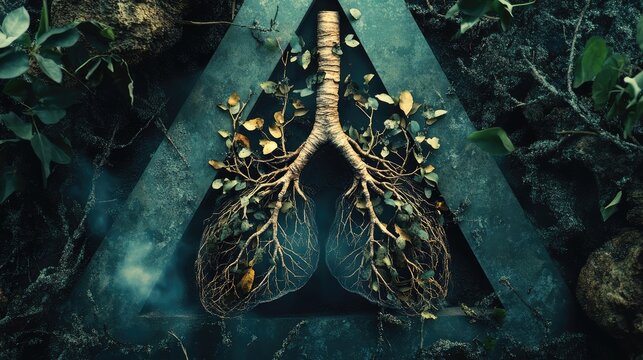 Human lungs are made with tree branches and leaves on a triangular background