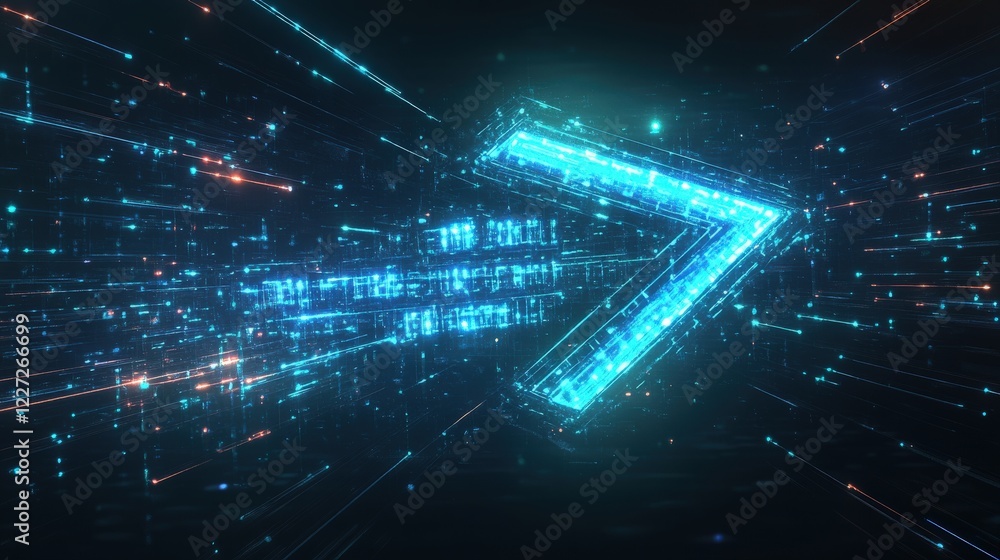 Poster an abstract representation features a glowing futuristic arrow, surrounded by dynamic particles and 