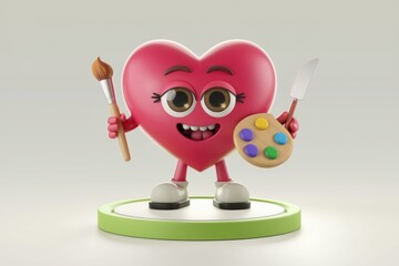 A cute heart-shaped character holds a paintbrush and palette, ready to create art.