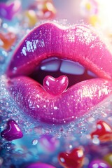 Appetizing female lips with bright lipstick close-up. Selective focus.