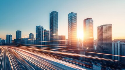 Sunset cityscape with skyscrapers and light trails in modern urban setting