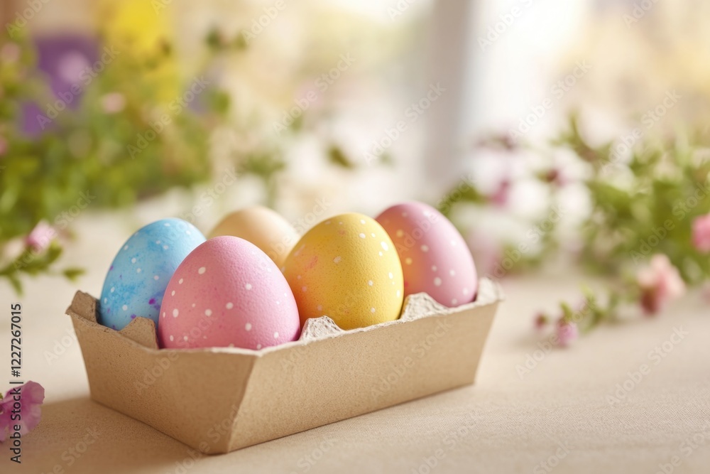 Poster a tray of eggs with different colors and polka dots. the eggs are arranged in a basket and are place
