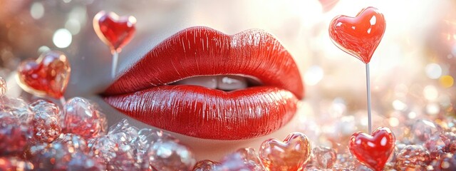 Appetizing female lips with bright lipstick close-up. Selective focus.