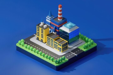 Fototapeta premium Isometric 3D model of a city block with industrial buildings, office buildings, and trees.