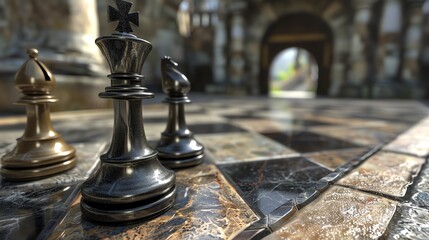3D rendering of a chessboard with black and white pieces. The focus is on the black king and bishop. The background is blurred.
