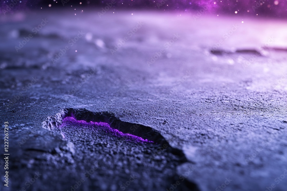 Poster a close-up view of a textured concrete surface reveals cracks illuminated by a faint purple glow, cr