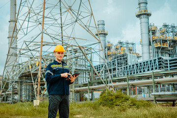 Engineer oversees operations at industrial plant while using a tablet for data analysis and monitoring activities