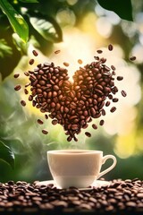 Cup of coffee and splash of coffee beans heart. Selective focus.