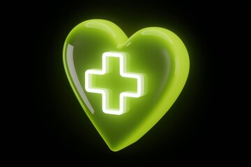 Obraz premium A glowing green heart with a neon cross symbolizes healthcare and love.