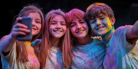 Obraz premium A group of four young people are posing for a picture with a cell phone. They are all wearing colorful clothes and have paint on their faces. Scene is fun and lighthearted