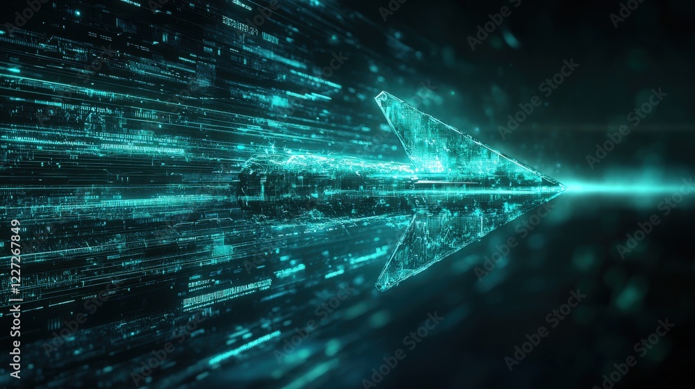 Poster in a digital realm filled with lines of code and glowing particles, a futuristic arrow propels forwa