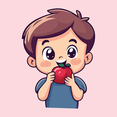 Boy eating a red apple with happy vector illustration 